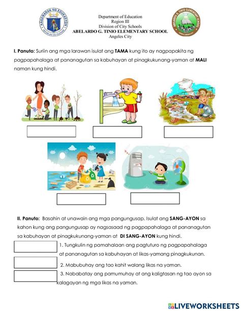 Wastong pangangalaga sa pinagkukunang yaman worksheet.